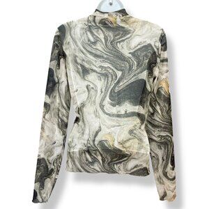 Amisu Sheer Top Marbled Print Gray Long Sleeve Mock Neck Clubbing Festival Woman